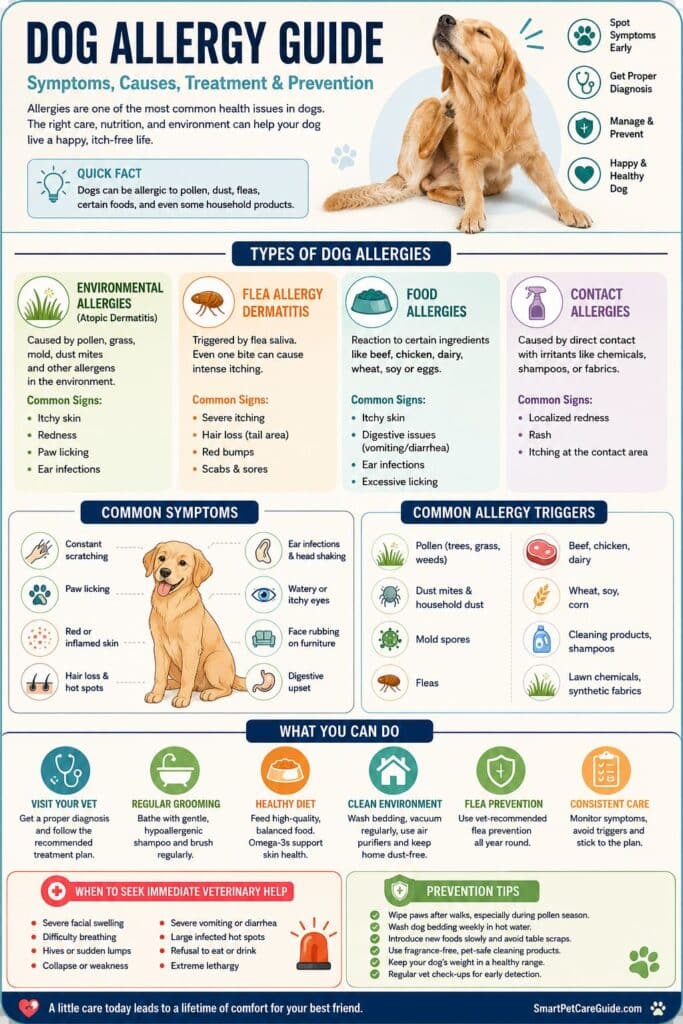 Dog Allergy Guide infographic showing allergy types, symptoms, causes, treatment, and prevention tips for dogs.